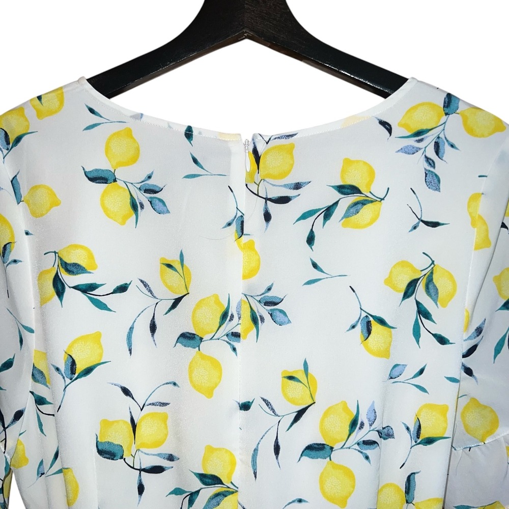 Banana Republic Lemon Print Mini Dress Size 14 White Yellow Ruffle Tie Waist - Picture 8 of 15